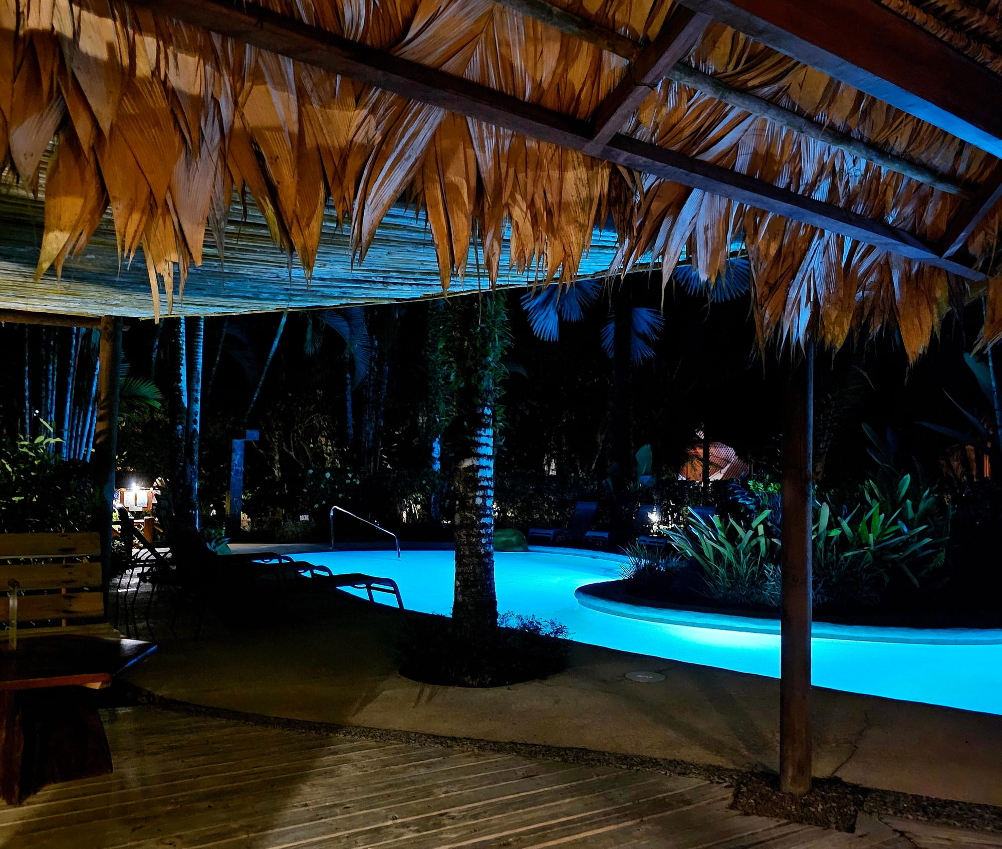 The lodge pool after dark—calm, quiet, and a welcome place to unwind in the warm Caribbean evening after a long, humid day.