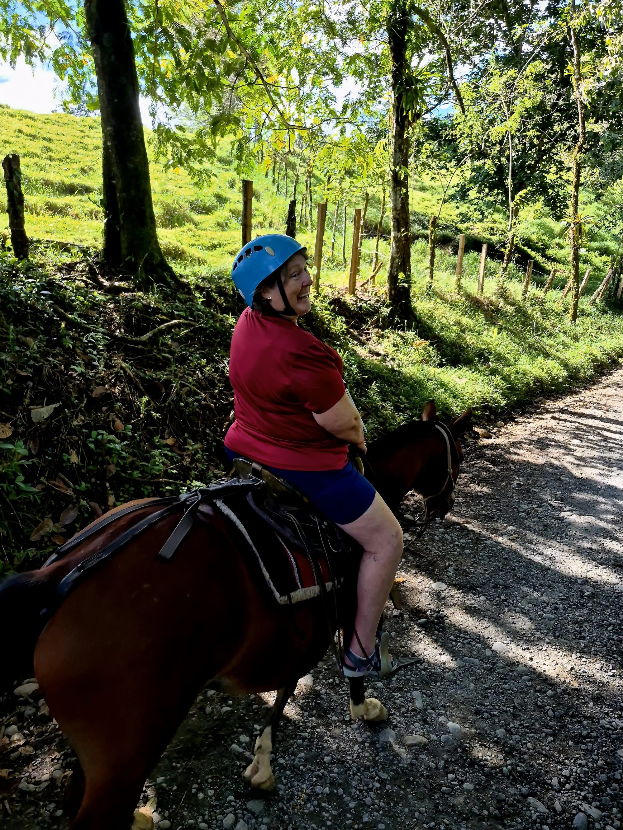 A quiet horseback ride through shaded trails and rolling green hills to the waterfall.