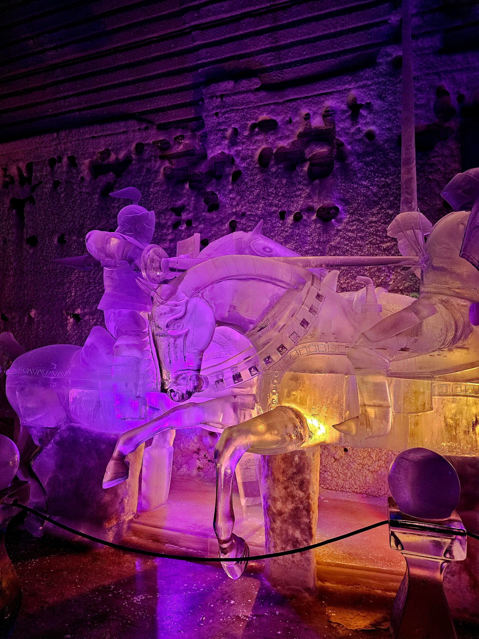 A replica of a World Ice Art Championships winning piece inside the Ice Museum at Chena Hot Springs Resort — precision carving, structural balance and layered transparency achieved entirely in ice.